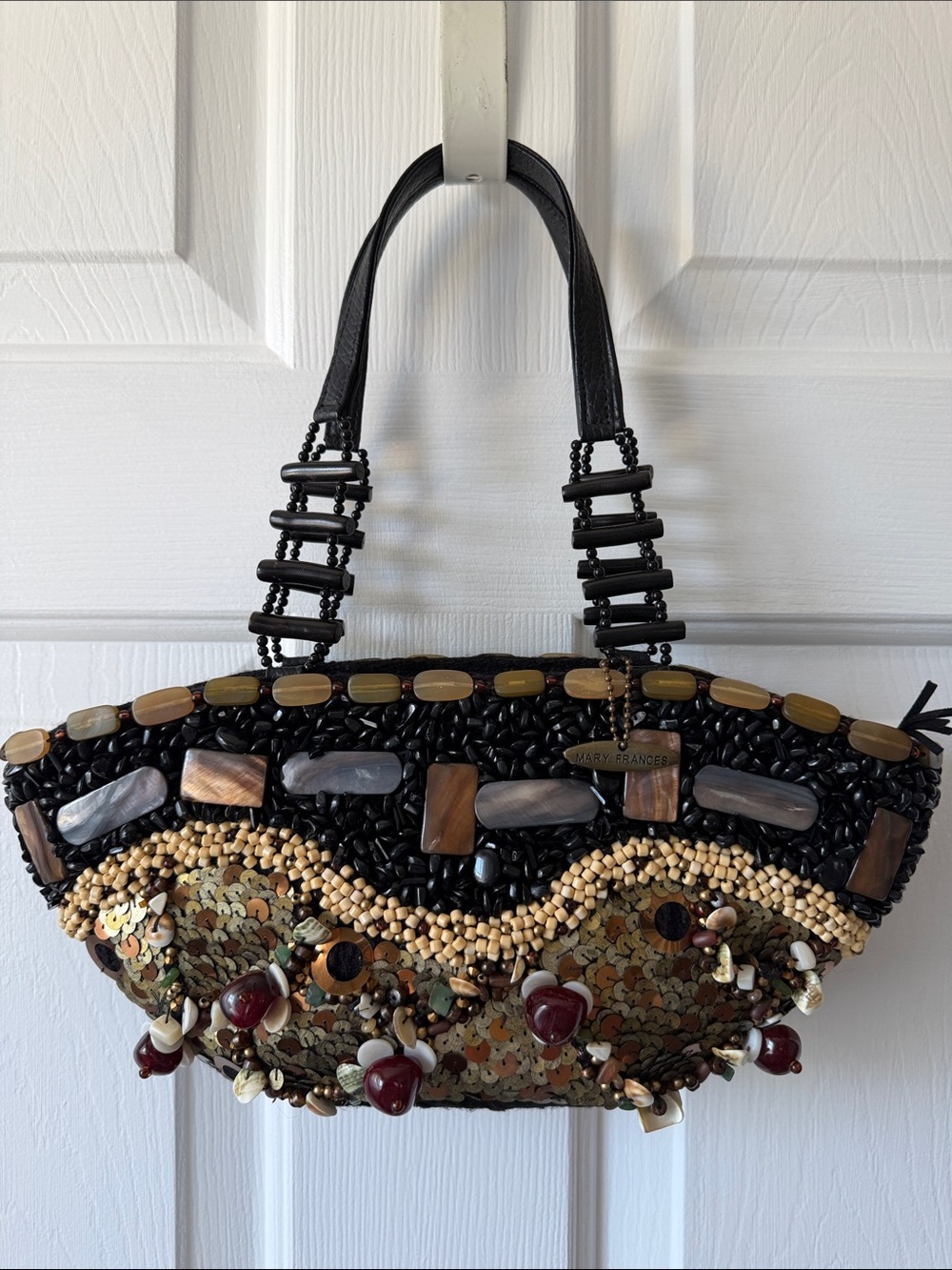 Mary Frances Black Beaded Embellished Mini Tote with Brown Accents